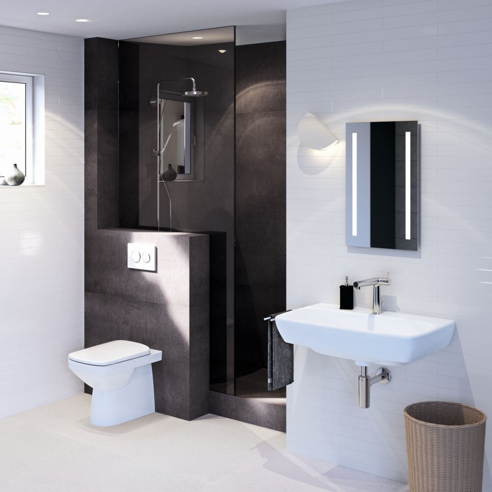 Bathroom with Geberit Selnova toilet and washbasin and Geberit actuatorplate Sigma21