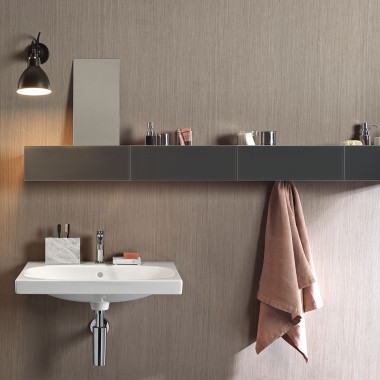Wall-mounted shelf with surface above a Geberit Acanto washbasin