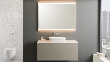 Geberit ONE lay-on washbasin with vanity unit in beige