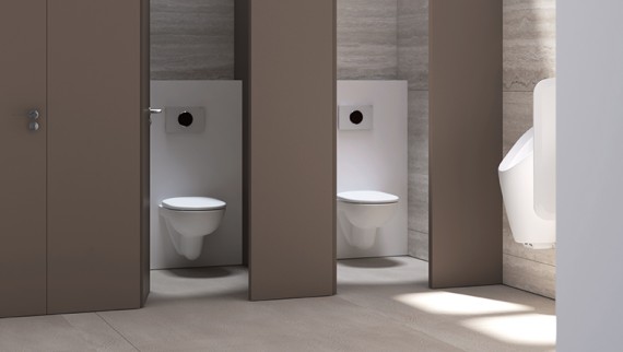 Public WC with Geberit flushing cisterns, flush plates and urinals
