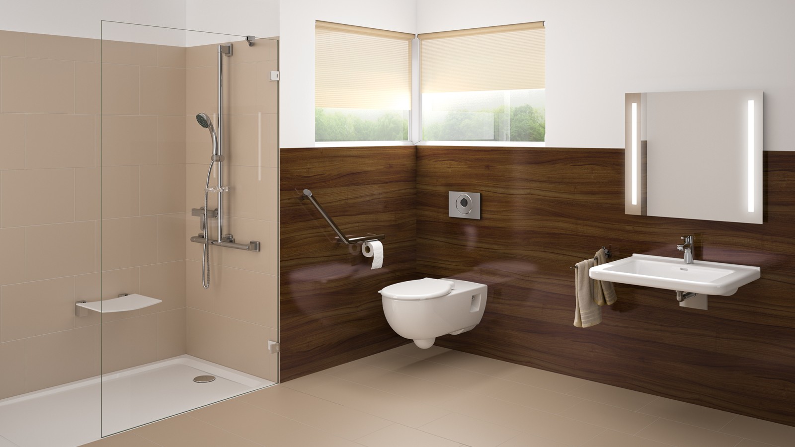 Barrier-free bathroom with washplace, toilet and floor-even shower