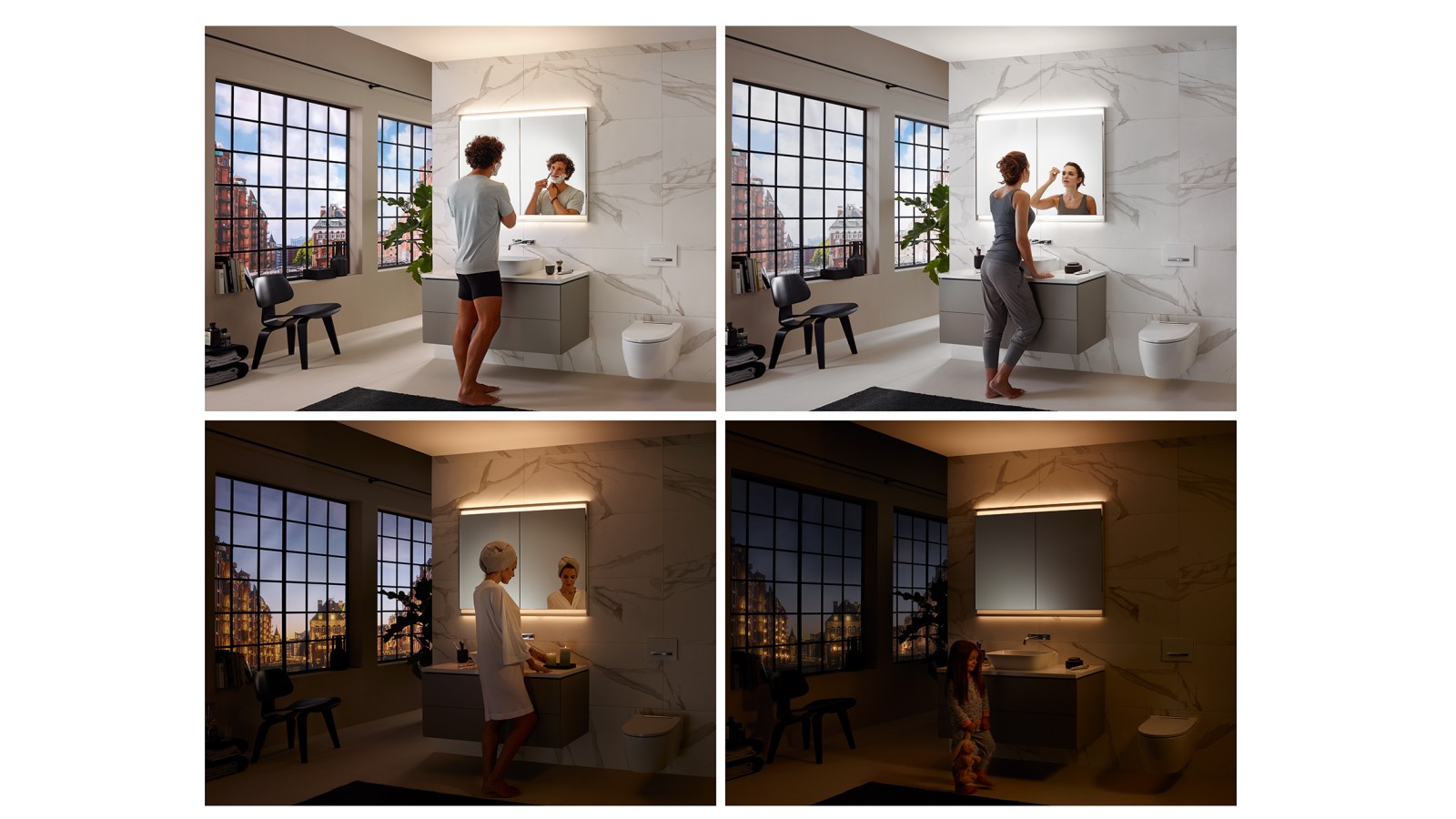 Different lighting moods in the bathroom with the Geberit ComfortLight lighting concept (© Geberit)
