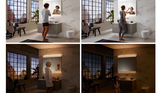 Different lighting moods in the bathroom with the Geberit ComfortLight lighting concept (© Geberit)