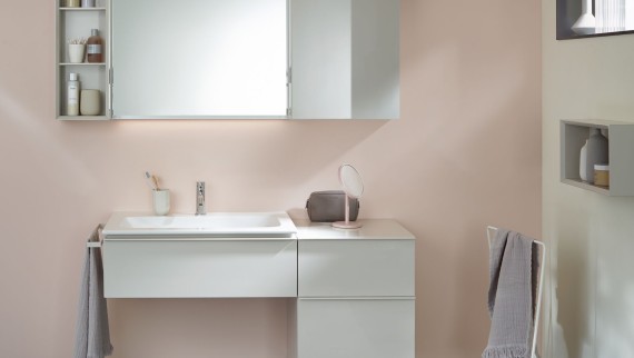 Geberit iCon bathroom vanity with side cabinet and open shelf unit