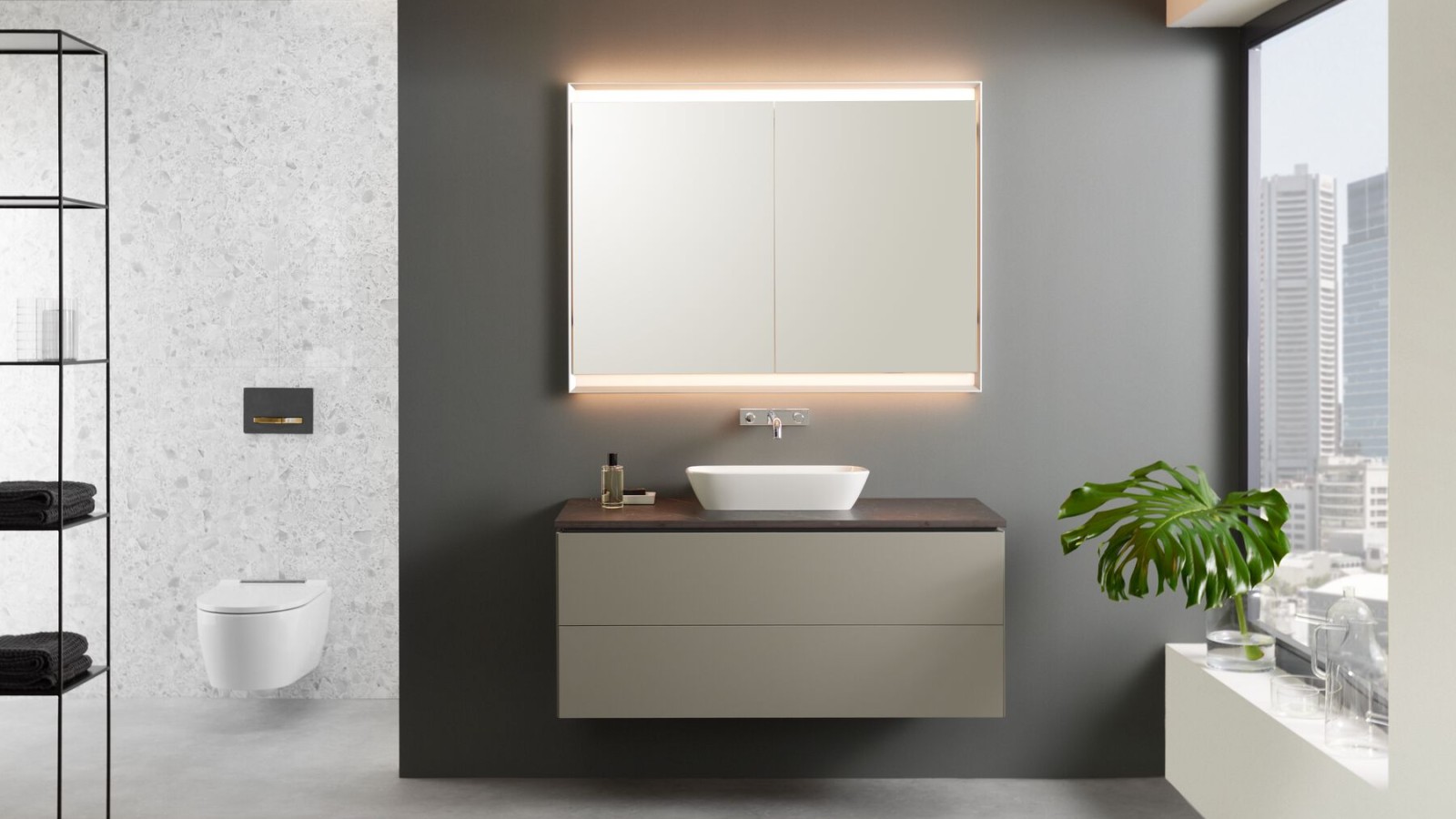Geberit ONE washbasin cabinet in greige with push-to-open mechanism