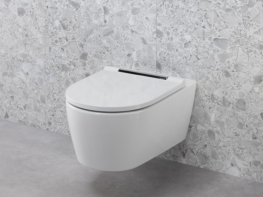 White wall-mounted toilet from the Geberit ONE series with matching push plate White wall-mounted toilet from the Geberit ONE series with matching push plate