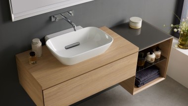 Bathroom with furniture made of wood from the Geberit ONE range