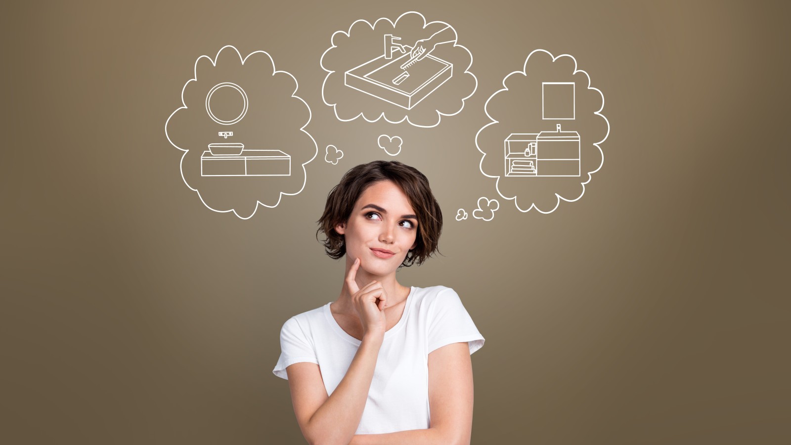 Woman thinking about her dream washbasin area Woman thinking about her dream washbasin area