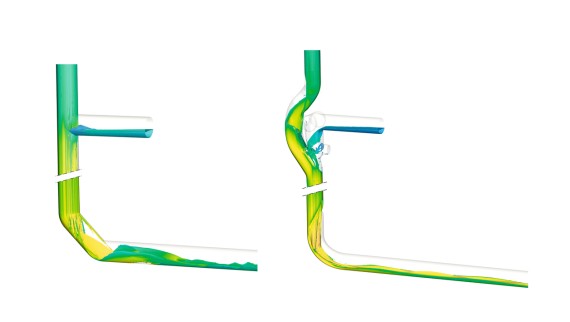 Changing direction with two Geberit Silent-db20 160 mm 45° bends, as illustrated on the left, causes the water in the pipe to swirl, which helps reduce the amount of noise generated. In contrast, the Geberit Silent-db20 BottomTurn bend, as illustrated on the right, calmly and orderly converts the annular flow from the stack into layered flow. Changing direction with two Geberit Silent-db20 160 mm 45° bends, as illustrated on the left, causes the water in the pipe to swirl, which helps reduce the amount of noise generated. In contrast, the Geberit Silent-db20 BottomTurn bend, as illustrated on the right, calmly and orderly converts the annular flow from the stack into layered flow.