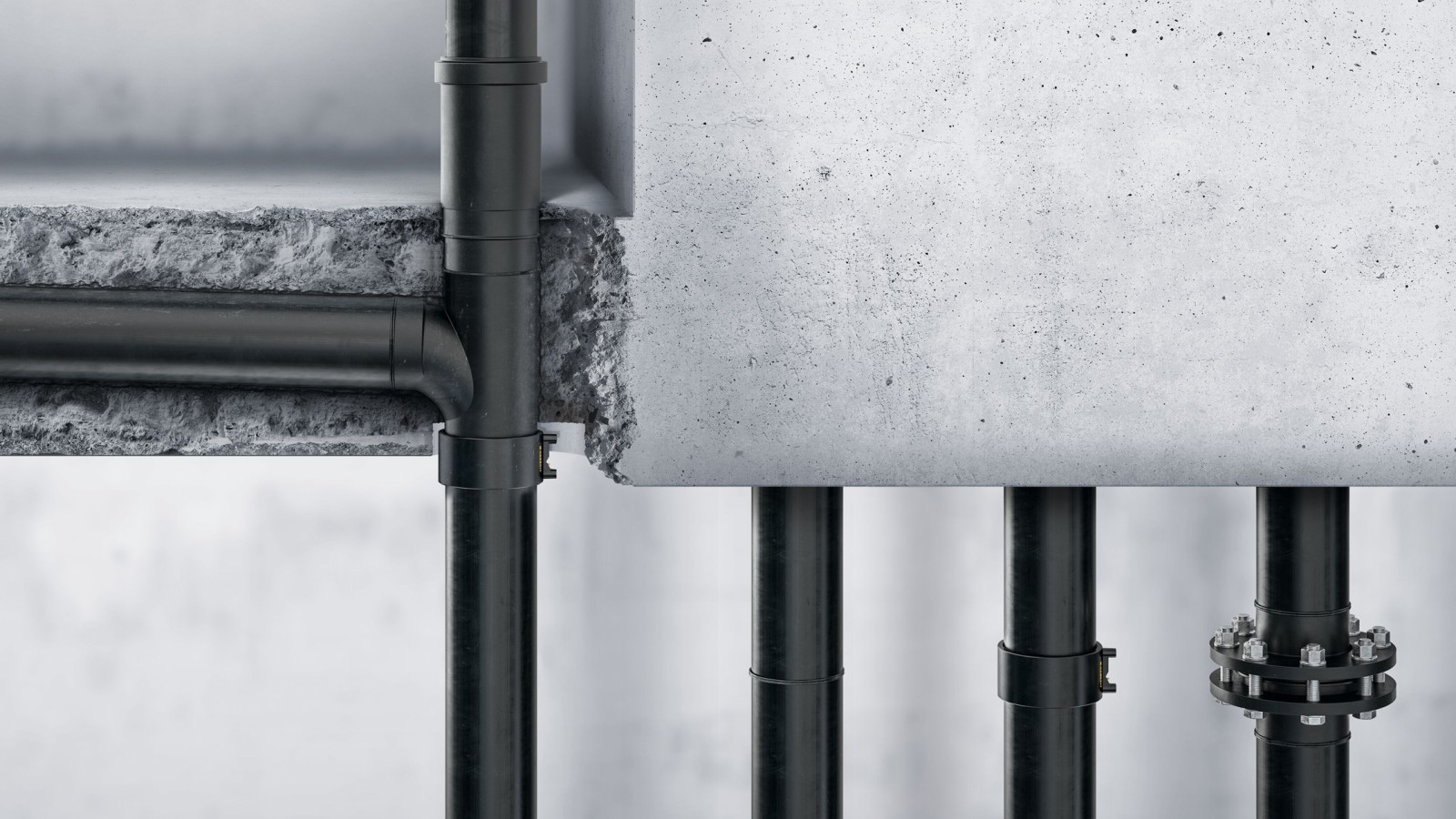 Geberit PE pipes and fittings are welded and can also be laid in concrete. Geberit PE pipes and fittings are welded and can also be laid in concrete.