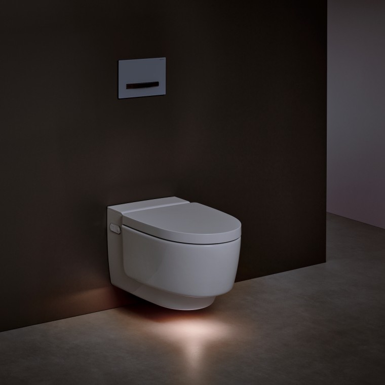 Geberit AquaClean Mera shower toilet with orientation light switched on Geberit AquaClean Mera shower toilet with orientation light switched on