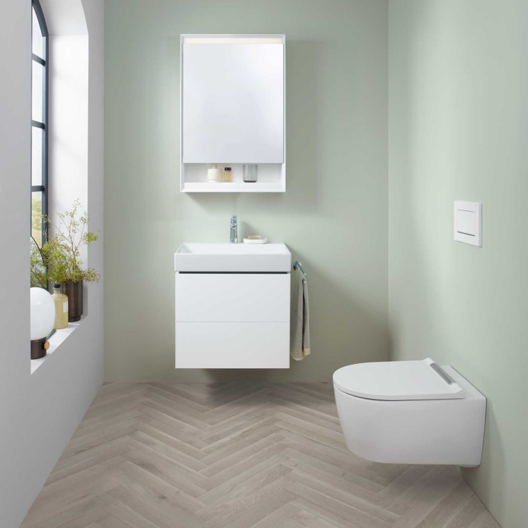 Geberit ONE washbasin area with small handrinse basin, washbasin cabinet and mirror cabinet, plus a shower toilet.