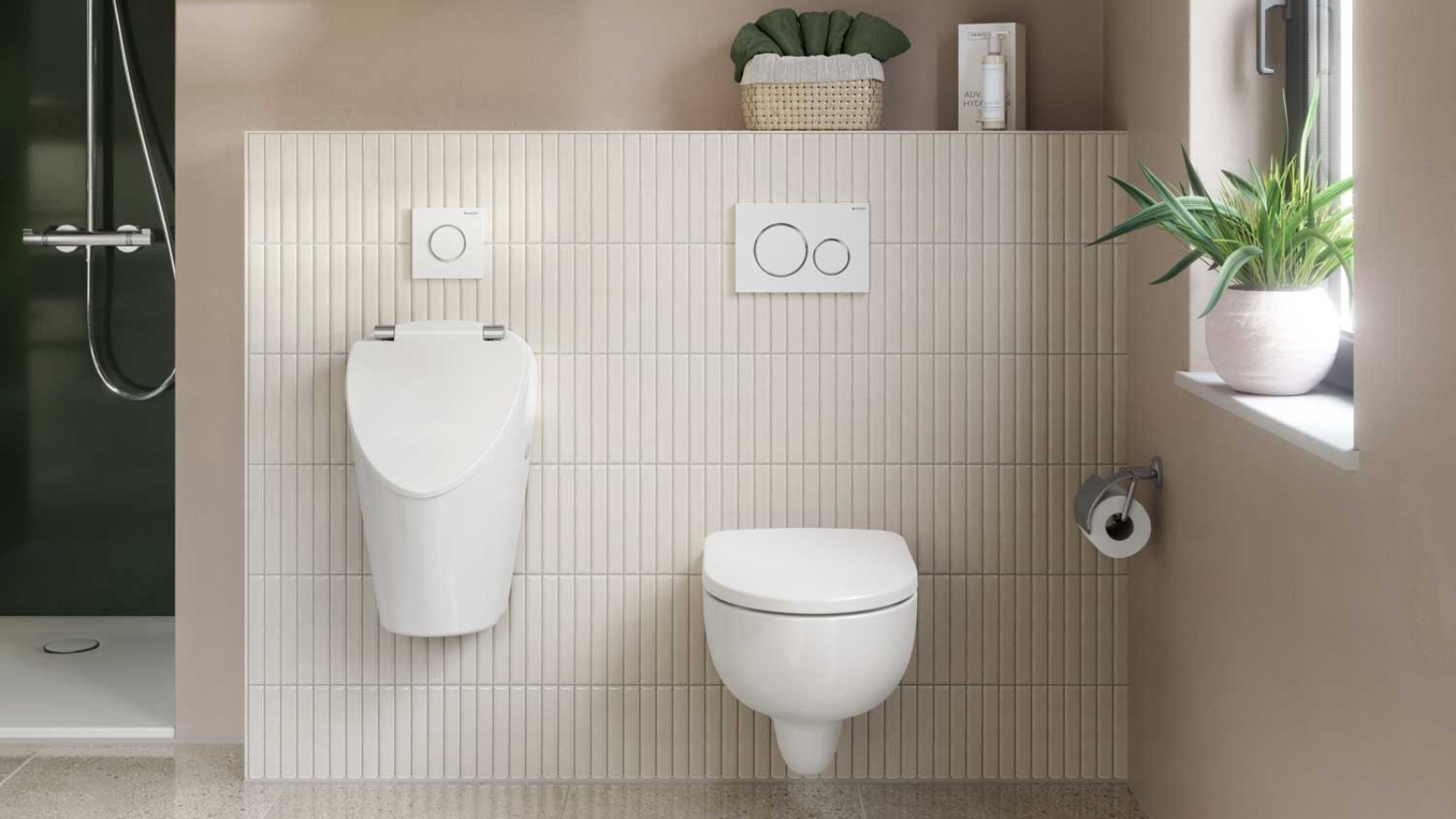 Geberit urinals in a bathroom