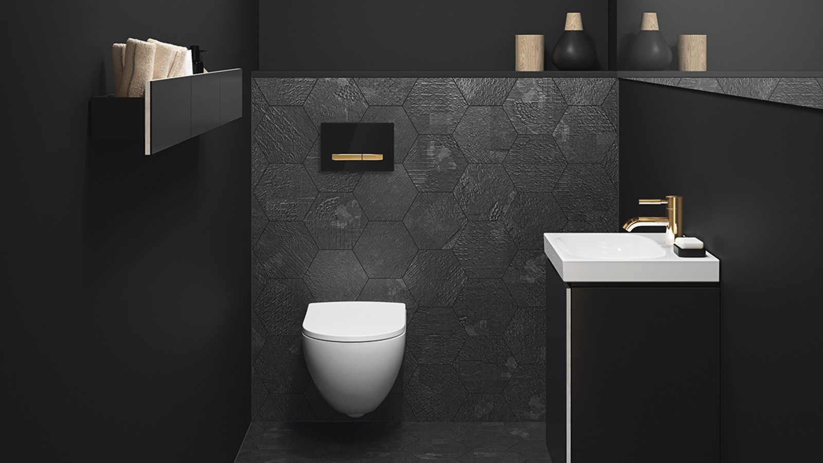 Gold taps and actuator plates combined with dark colours