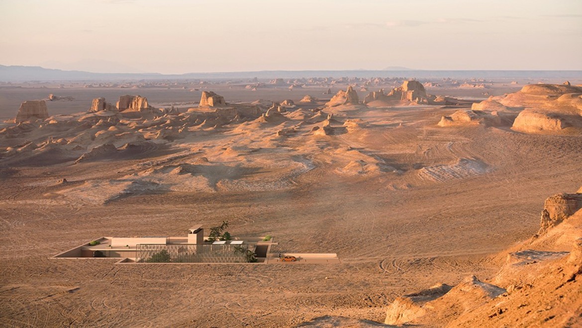 The H.O.M.E. Haus 2022 in the desert. The traditional Badgir windcatcher rises out of the ground like a majestic sculpture (© Bloomrealities/HTA für H.O.M.E. Haus 2022)