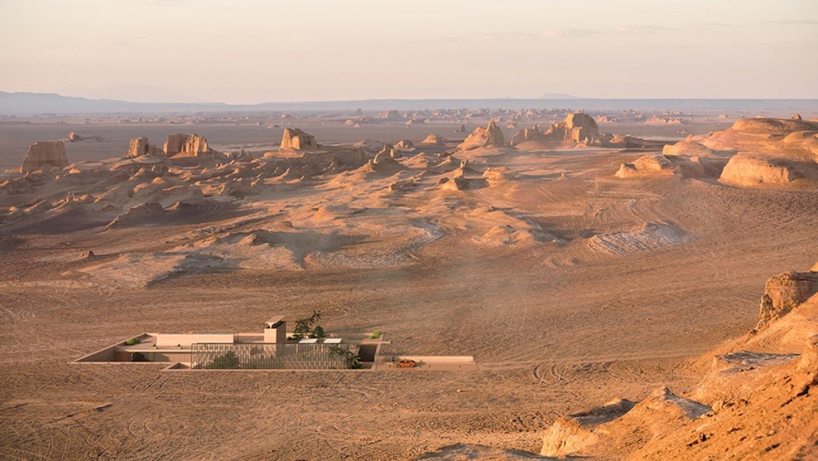 The H.O.M.E. Haus 2022 in the desert. The traditional Badgir windcatcher rises out of the ground like a majestic sculpture (© Bloomrealities/HTA für H.O.M.E. Haus 2022)