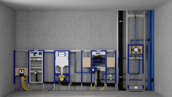 Installation wall with Geberit Duofix elements for urinal, WC, washbasin and shower Installation wall with Geberit Duofix elements for urinal, WC, washbasin and shower