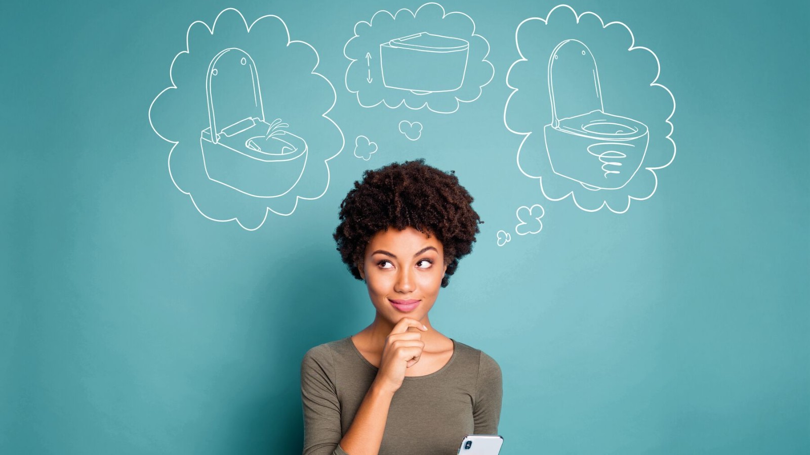 Woman thinking about her dream toilet Woman thinking about her dream toilet