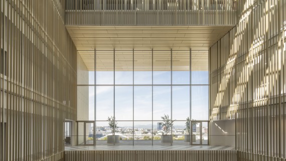 The atrium is clad with gilded anodized aluminium profiles whose tones change depending on the sun’s movements (© Ana Skobe) The atrium is clad with gilded anodized aluminium profiles whose tones change depending on the sun’s movements (© Ana Skobe)