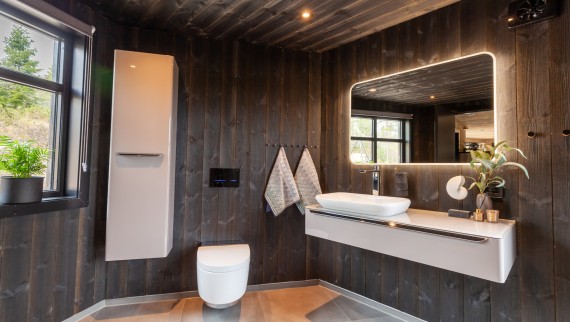 The bathroom is also lined with wood, and in addition to the AquaClean Mera shower toilet, there are also various other Geberit products in front of the wall (© Geberit) The bathroom is also lined with wood, and in addition to the AquaClean Mera shower toilet, there are also various other Geberit products in front of the wall (© Geberit)