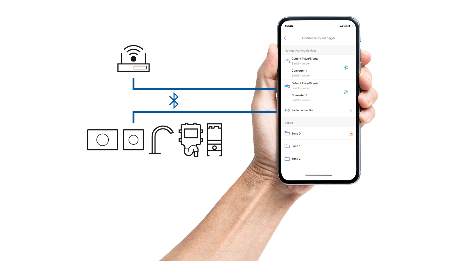 Operation, recording and maintenance are carried out with the Geberit Control app. Operation, recording and maintenance are carried out with the Geberit Control app.