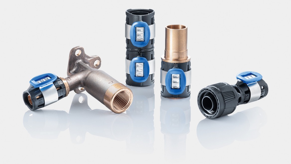 Comprehensive FlowFit assortment of fittings made of PPSU, lead-free gunmetal and lead-free silicon bronze