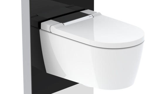Geberit Monolith Plus sanitary module with Geberit AquaClean Sela shower toilet in glossy chrome