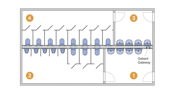 Zone 1: Men’s WC anteroom; Zone 2: Men’s WC; Zone 3: Ladies’ WC anteroom; Zone 4: Ladies’ WC