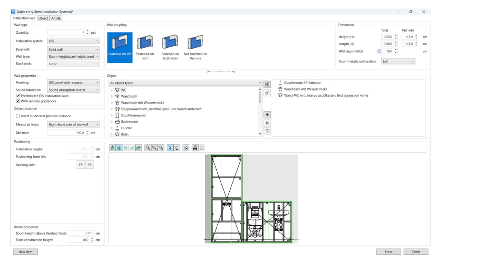 User interface of the planning module for installation systems in Geberit ProPlanner