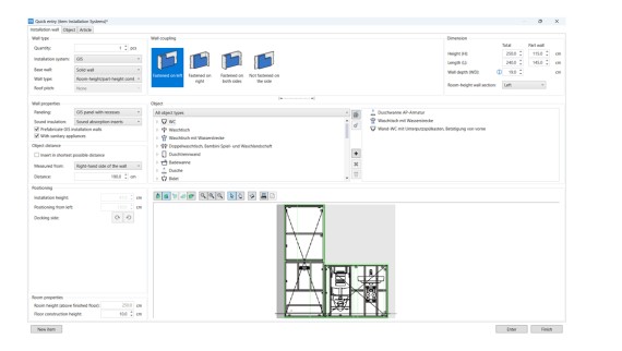 User interface of the planning module for installation systems in Geberit ProPlanner