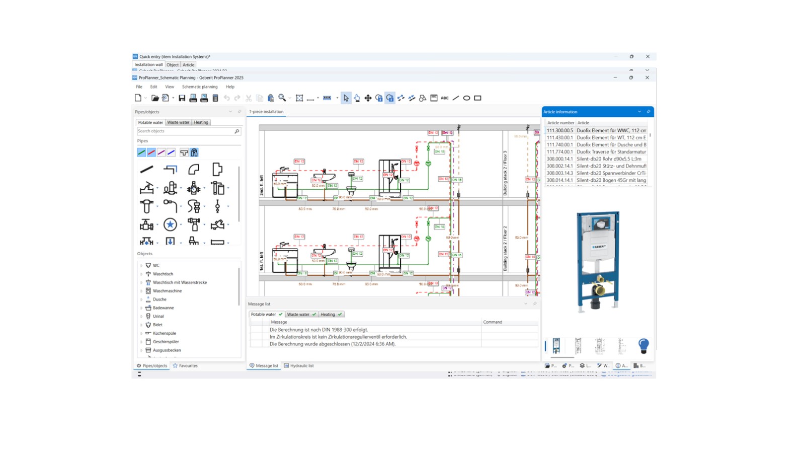 View of the schematic planning module in Geberit ProPlanner