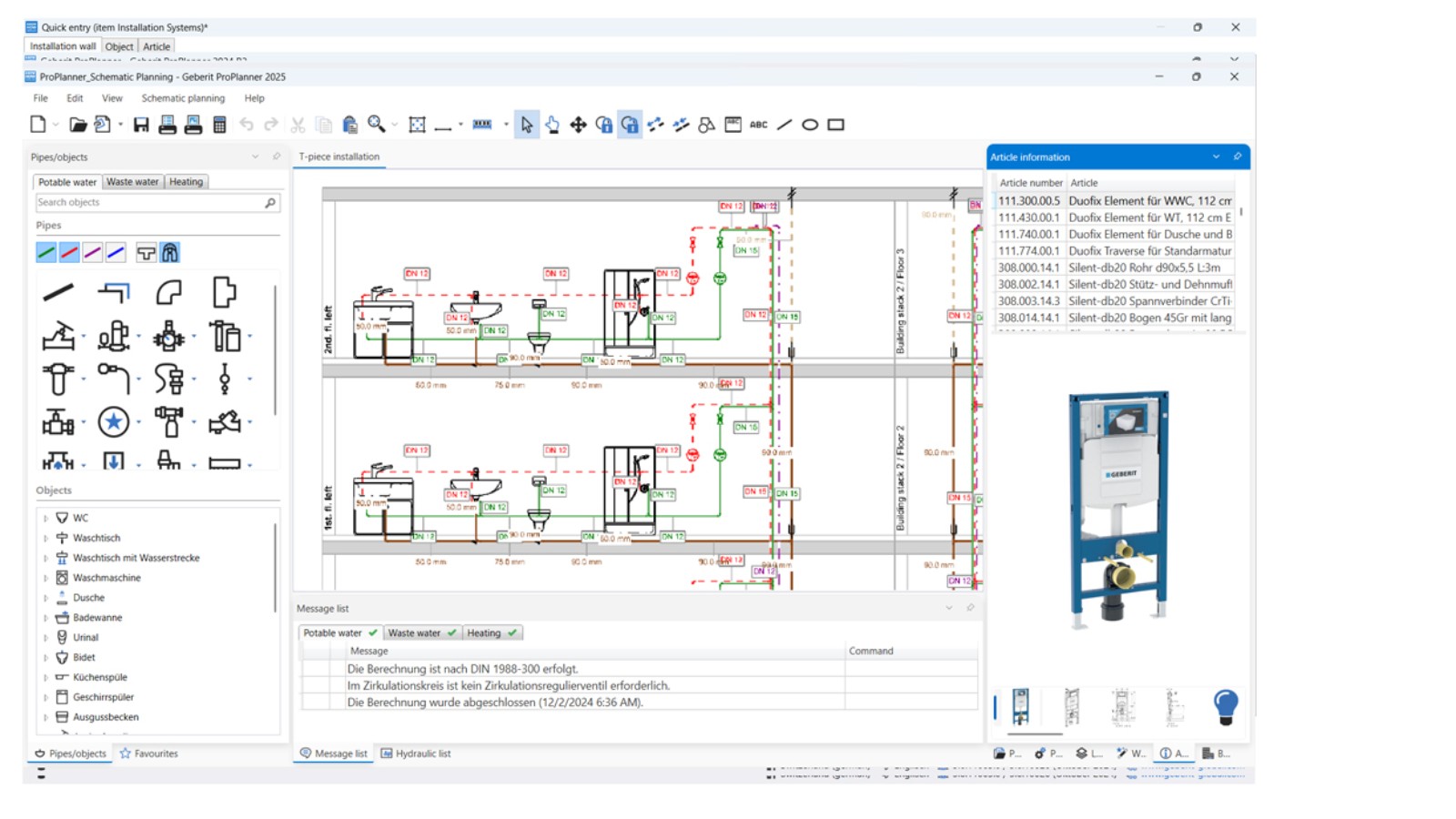 View of the schematic planning module in Geberit ProPlanner