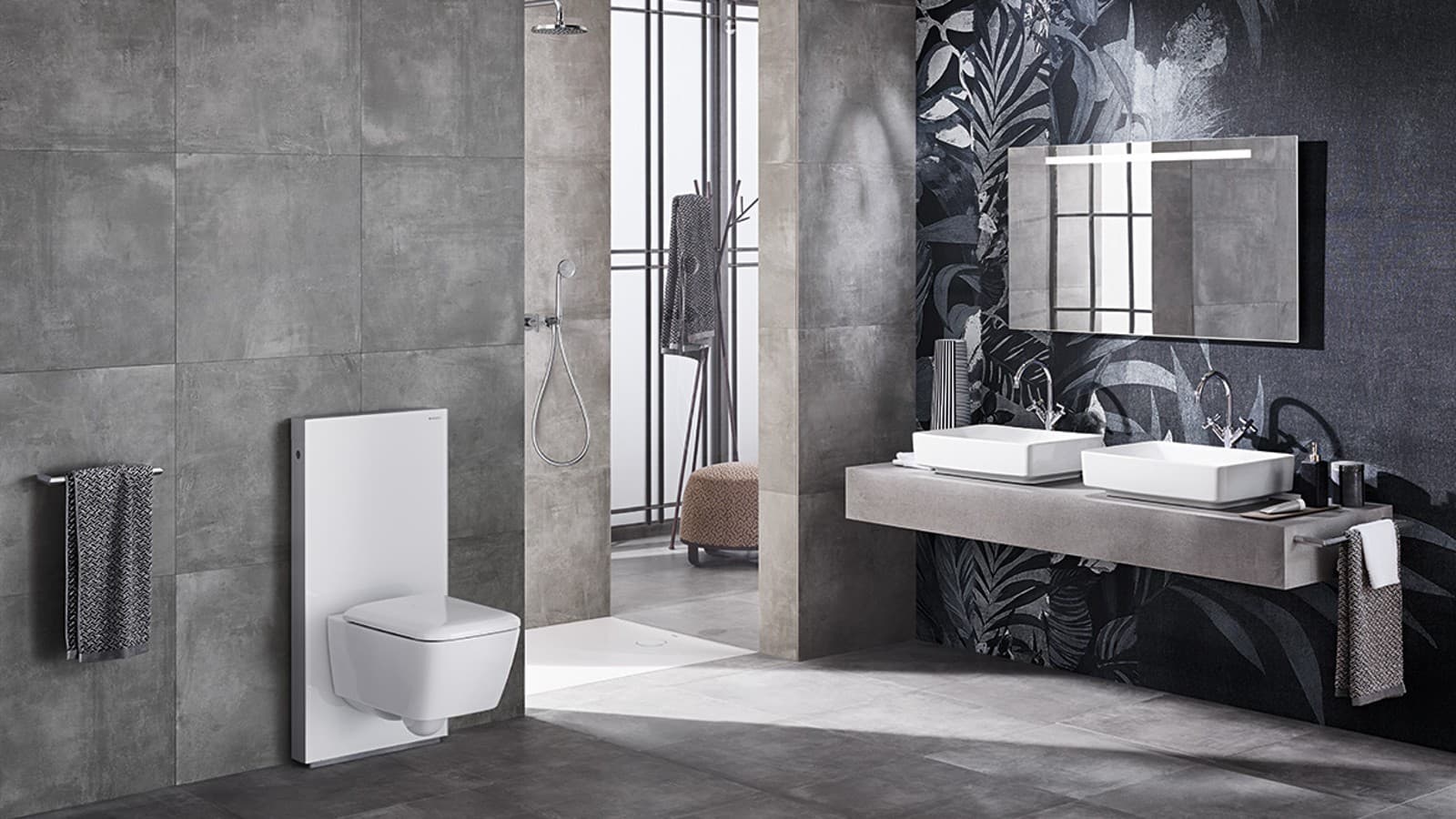 Bathroom with VariForm lay-on washbasins, Geberit Monolith, optional mirror and shower surface Setaplano Bathroom with VariForm lay-on washbasins, Geberit Monolith, optional mirror and shower surface Setaplano