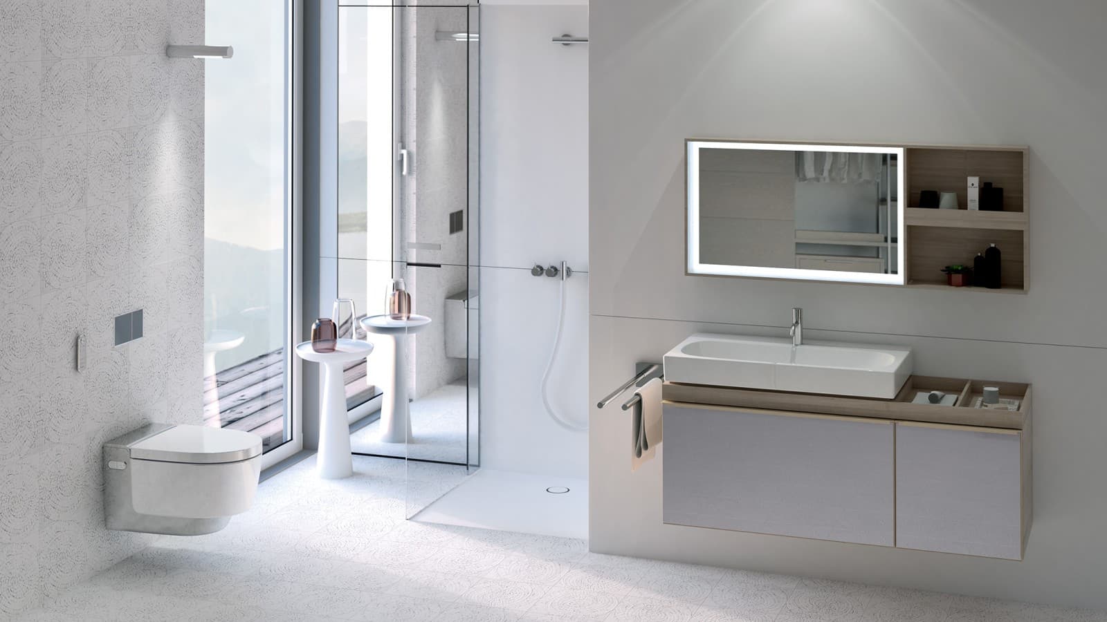 Bathroom with Geberit AquaClean Mera chrome shower toilet Bathroom with Geberit AquaClean Mera chrome shower toilet