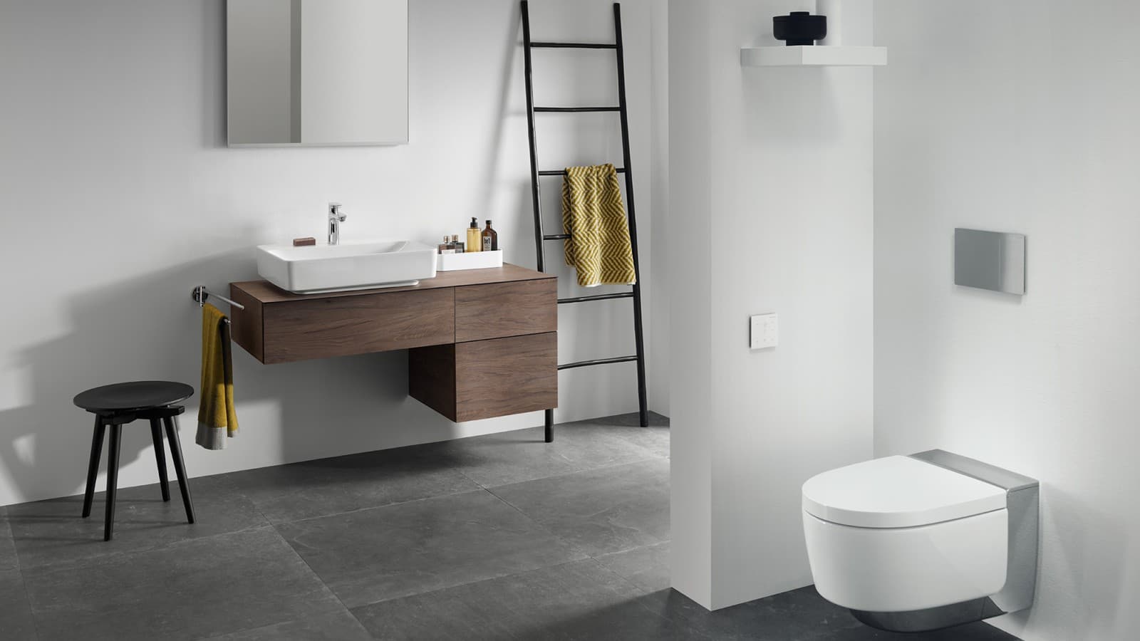 Bathroom with Geberit VariForm lay-on washbasin and AquaClean Mera Comfort WC Bathroom with Geberit VariForm lay-on washbasin and AquaClean Mera Comfort WC