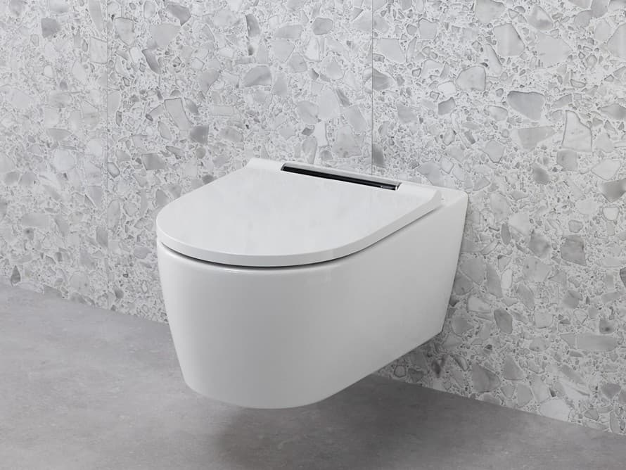 White wall-mounted toilet from the Geberit ONE series with matching push plate White wall-mounted toilet from the Geberit ONE series with matching push plate