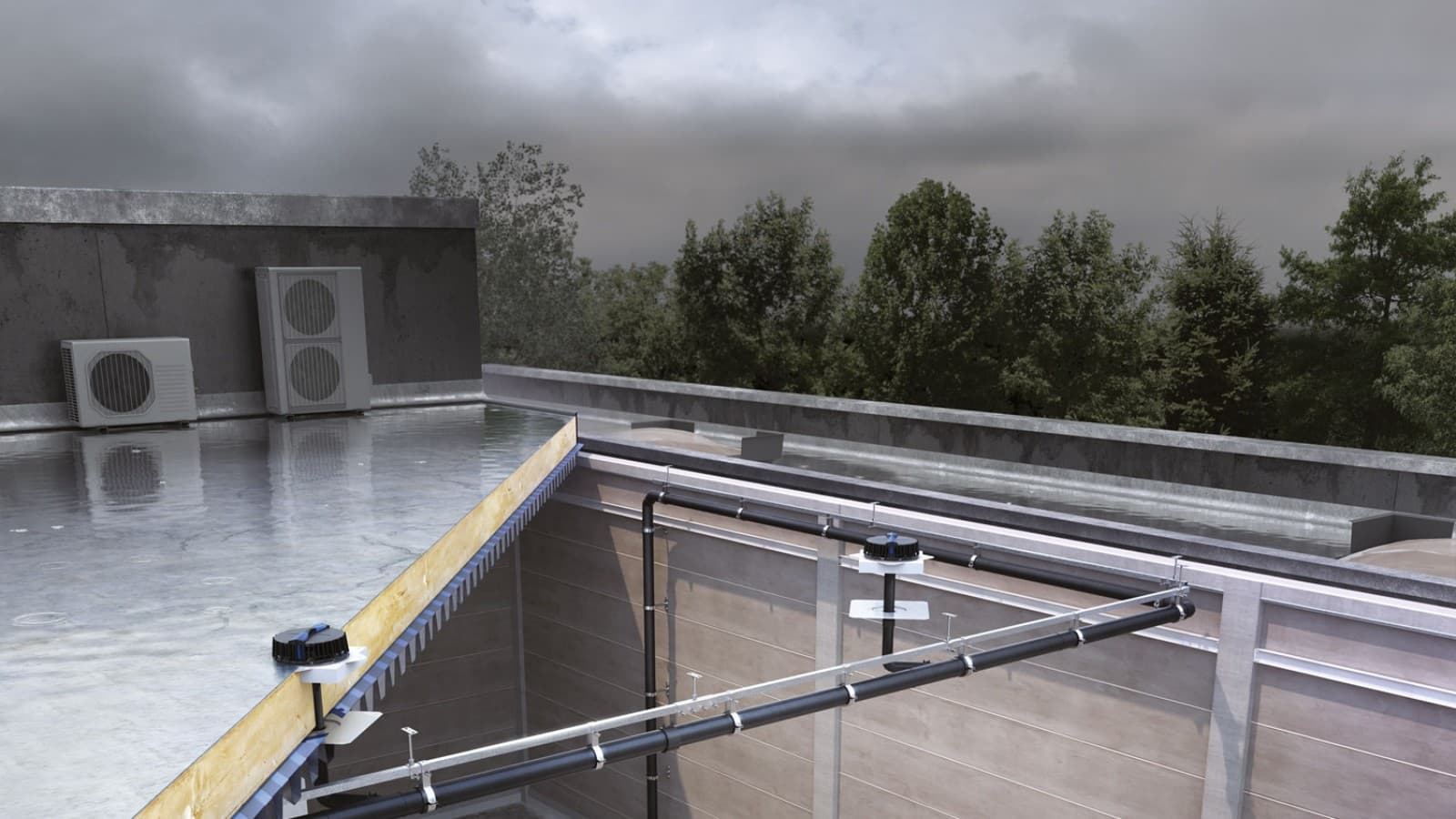 The Pluvia roof drainage system can drain all three towers with relatively few inlet elements (© Geberit) The Pluvia roof drainage system can drain all three towers with relatively few inlet elements (© Geberit)